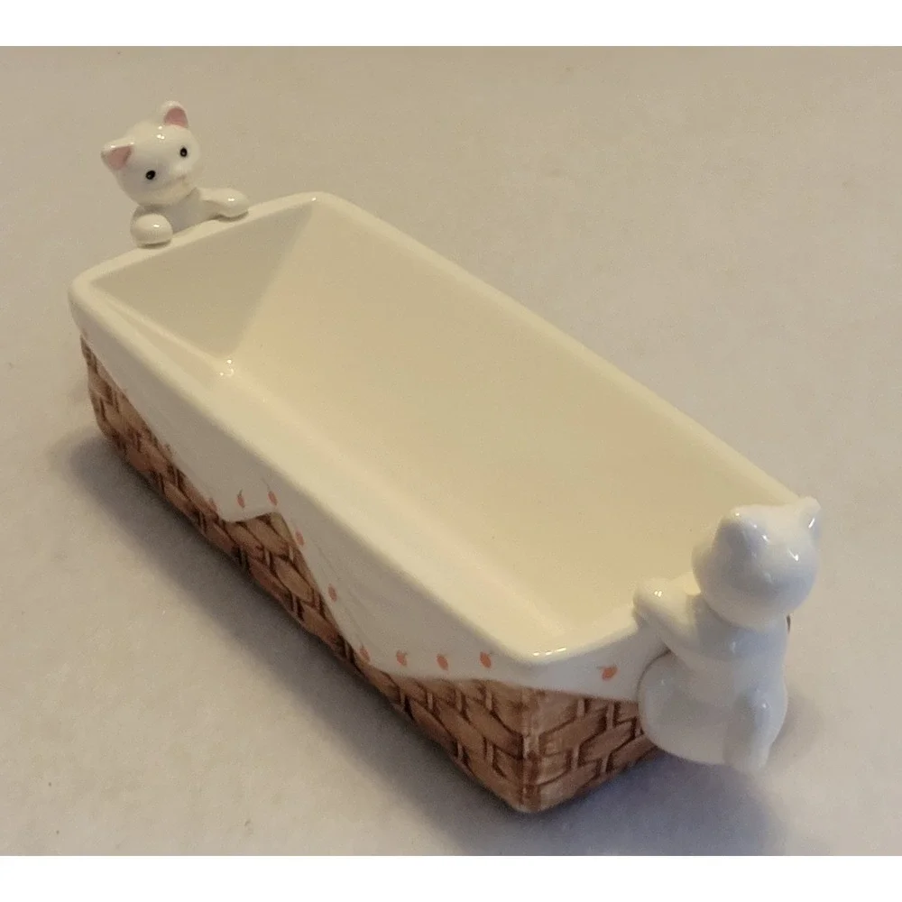 Vtg Avon Kitten Cracker Server Ceramic Basket Dish Farmhouse Decor White Brown